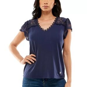 ADRIENNE VITTADINI‎ Black Knit Top With Lace Short Sleeves